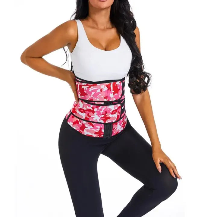 Vhisper Vears Dual-Strap Zipper Waist Trainer Corset – Pink Camo High-Compression Workout Sweat Belt