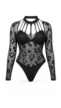 Vhisper Vears Leopard Print Fishnet Lace Bodysuit – Long Sleeve Strappy Cage Mock Neck Backless Bodysuit for Women