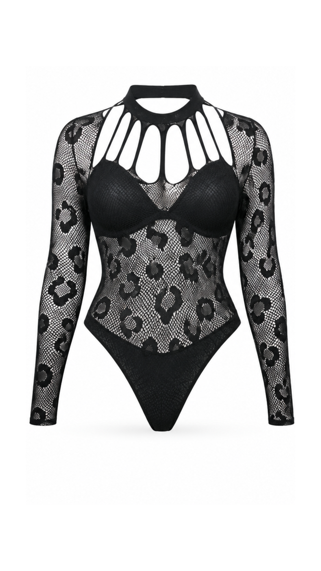 Vhisper Vears Leopard Print Fishnet Lace Bodysuit – Long Sleeve Strappy Cage Mock Neck Backless Bodysuit for Women