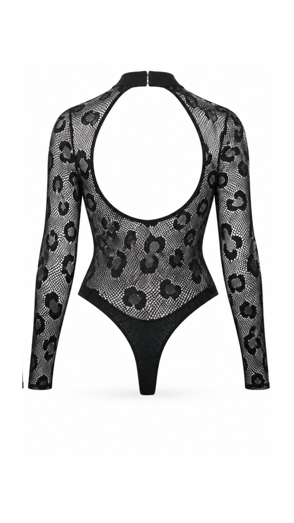 Vhisper Vears Leopard Print Fishnet Lace Bodysuit – Long Sleeve Strappy Cage Mock Neck Backless Bodysuit for Women