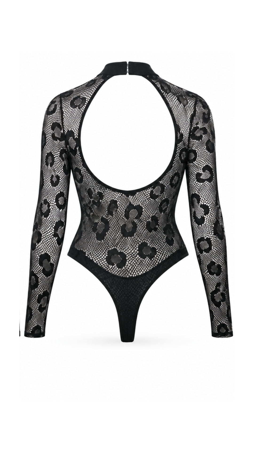 Vhisper Vears Leopard Print Fishnet Lace Bodysuit – Long Sleeve Strappy Cage Mock Neck Backless Bodysuit for Women