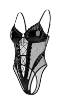 Vhisper Vears Wet Look Patent Leather Mesh Bodysuit – Lace-Up Corset High-Cut Teddy with Ruffle Trim
