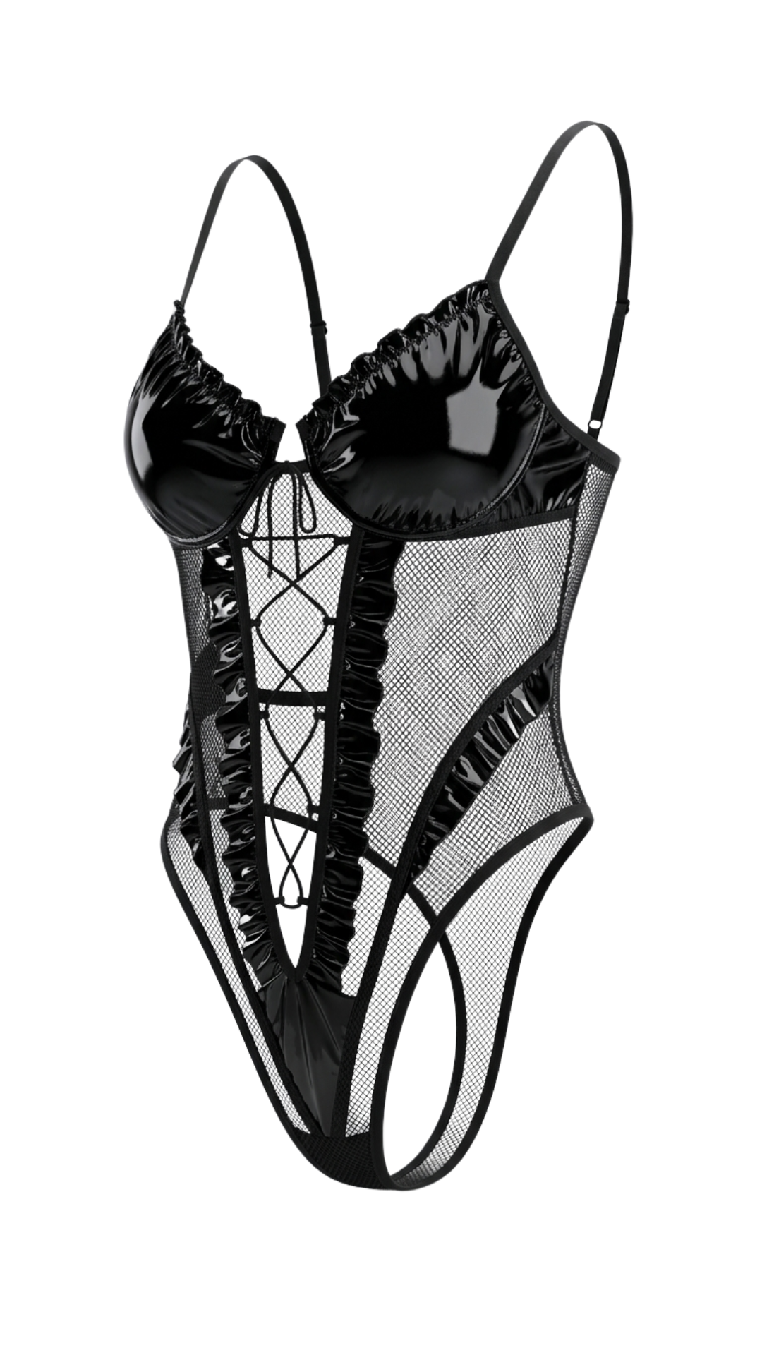 Vhisper Vears Wet Look Patent Leather Mesh Bodysuit – Lace-Up Corset High-Cut Teddy with Ruffle Trim