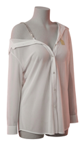 Vhisper Vears Off-The-Shoulder Crystal Chain Chiffon Shirt – Asymmetric Semi-Sheer Button-Down Blouse for Women
