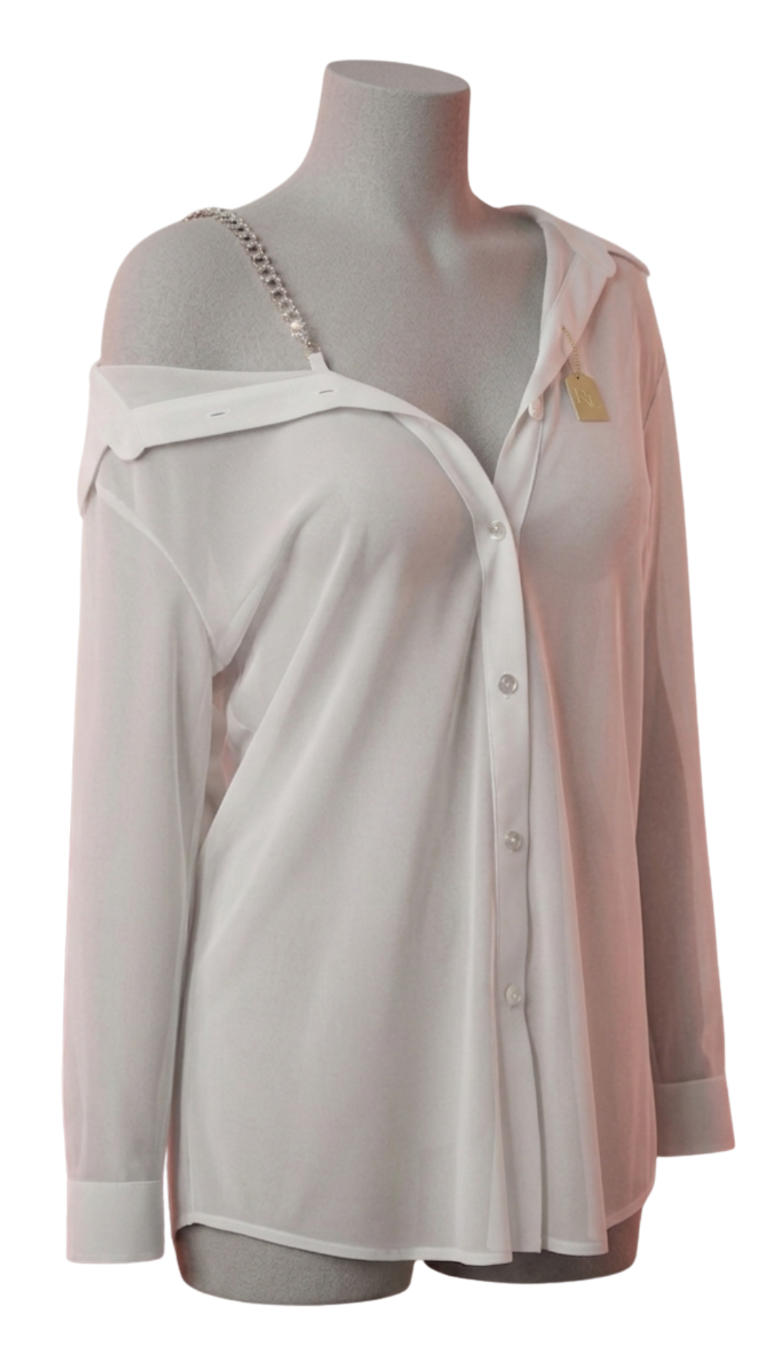 Vhisper Vears Off-The-Shoulder Crystal Chain Chiffon Shirt – Asymmetric Semi-Sheer Button-Down Blouse for Women