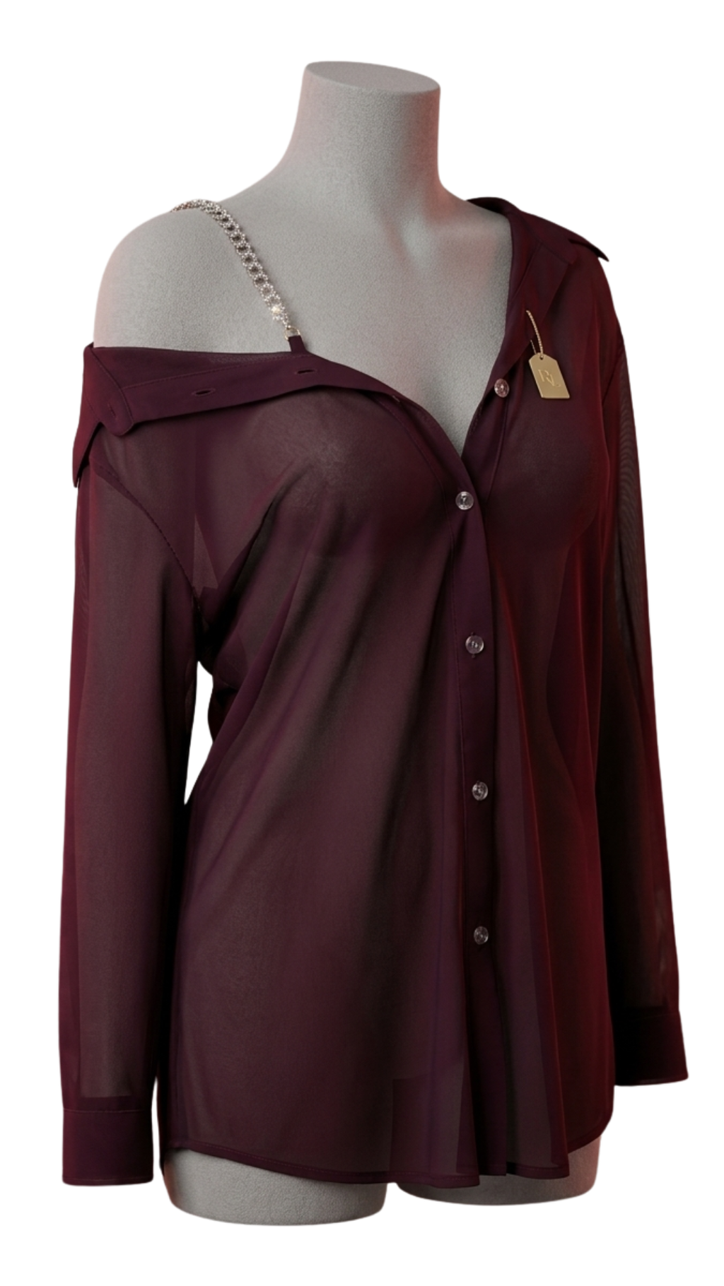 Vhisper Vears Off-The-Shoulder Crystal Chain Chiffon Shirt – Asymmetric Semi-Sheer Button-Down Blouse for Women