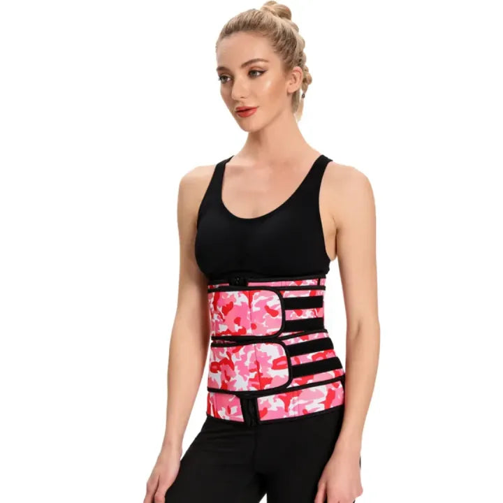 Vhisper Vears Dual-Strap Zipper Waist Trainer Corset – Pink Camo High-Compression Workout Sweat Belt
