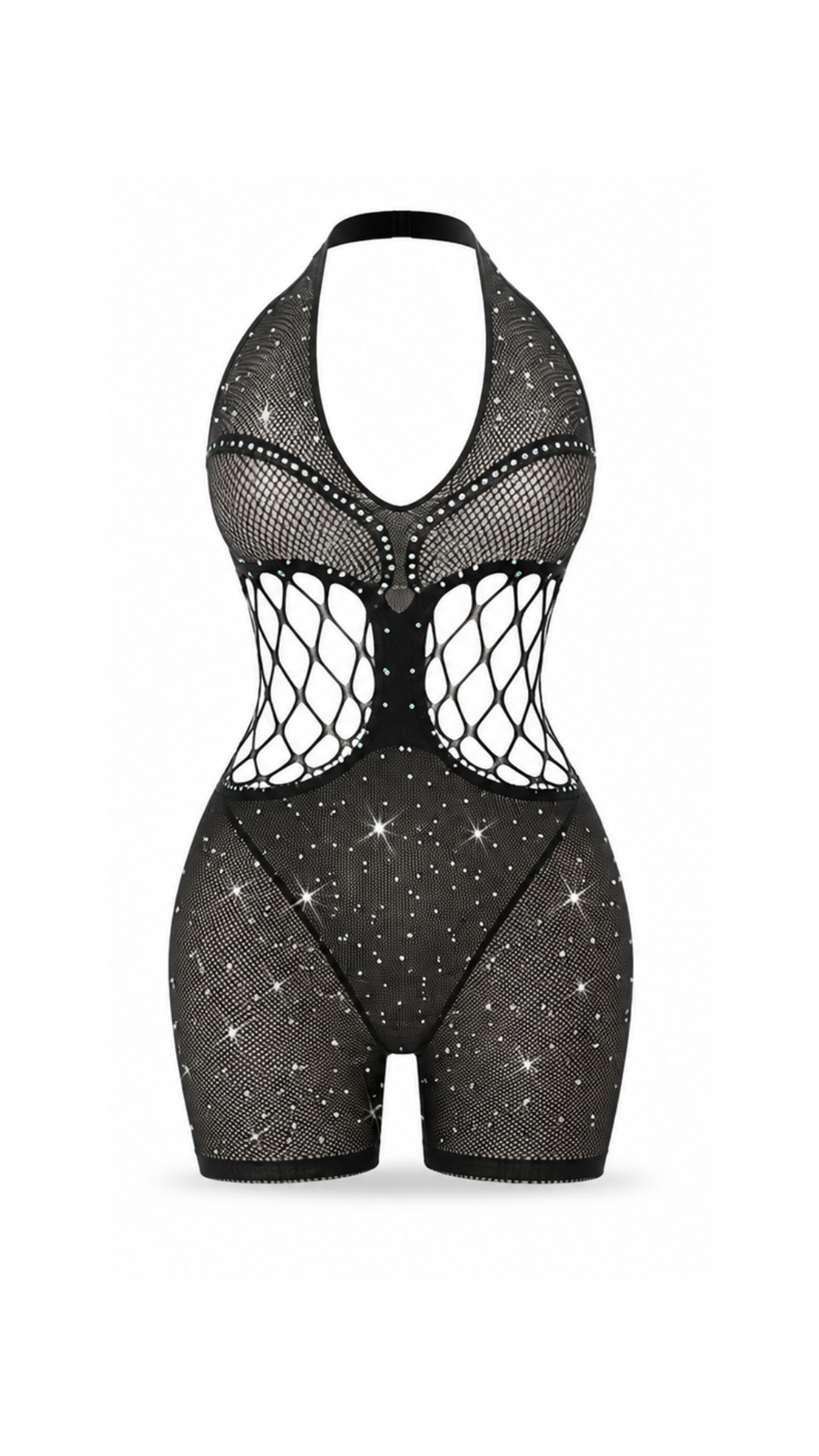Vhisper Vears Crystal Rhinestone Halter Fishnet Bodysuit – Open Side Cutout Sheer Mesh Boy-Short Romper for Women