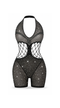 Vhisper Vears Crystal Rhinestone Halter Fishnet Bodysuit – Open Side Cutout Sheer Mesh Boy-Short Romper for Women