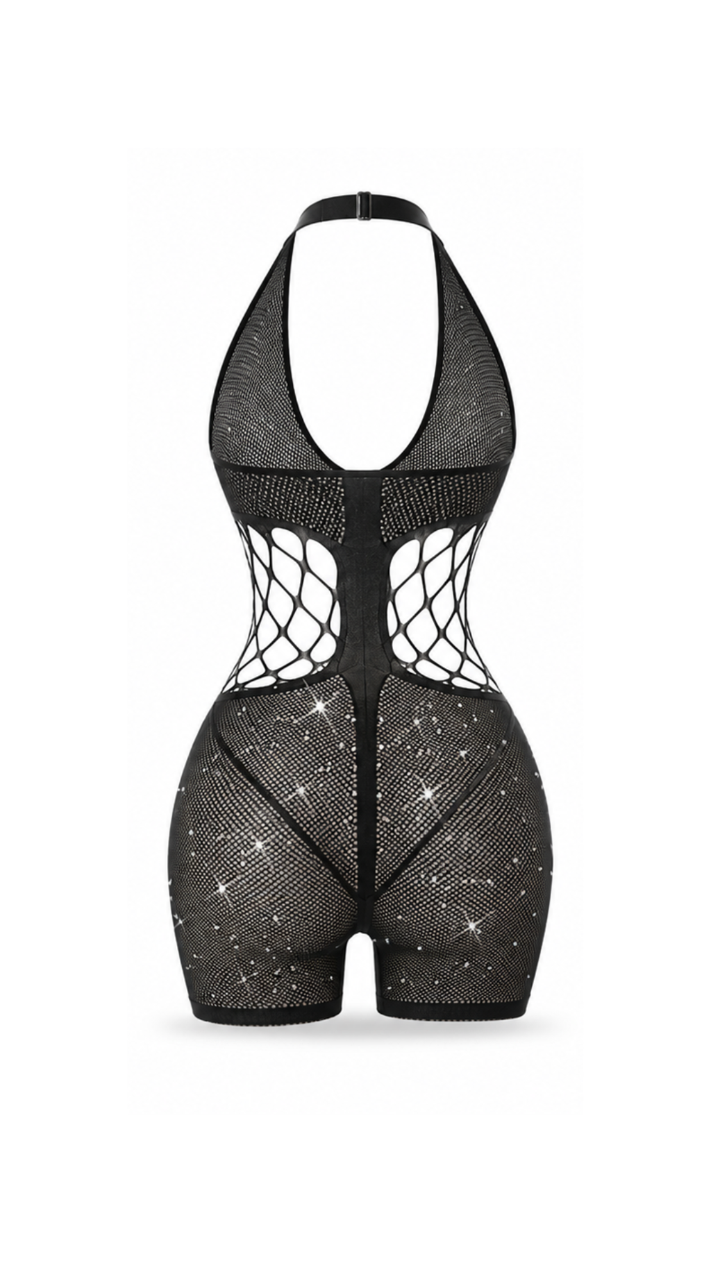 Vhisper Vears Crystal Rhinestone Halter Fishnet Bodysuit – Open Side Cutout Sheer Mesh Boy-Short Romper for Women