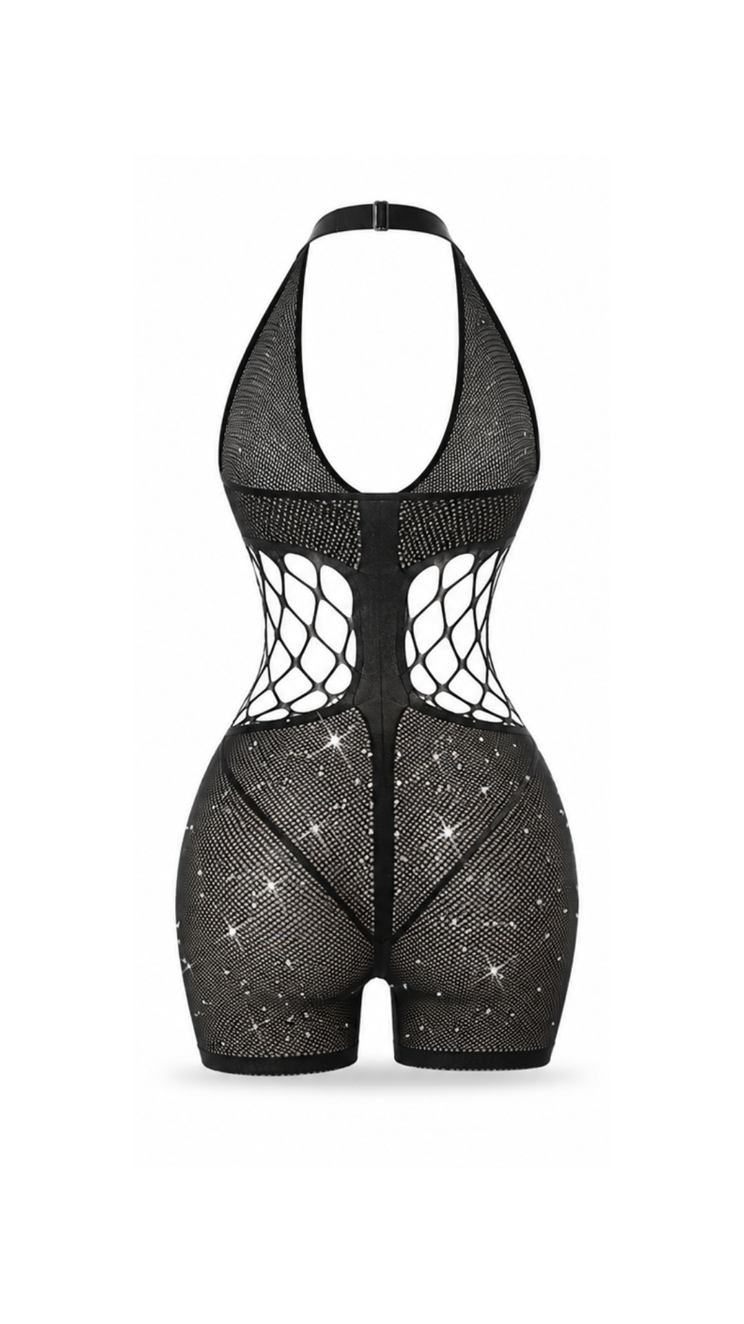 Vhisper Vears Crystal Rhinestone Halter Fishnet Bodysuit – Open Side Cutout Sheer Mesh Boy-Short Romper for Women