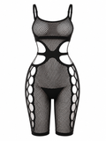 Vhisper Vears Cami Strap Fishnet Bodysuit – High-Waist X-Cutout Mid-Thigh Romper with Side Open Circle Panels