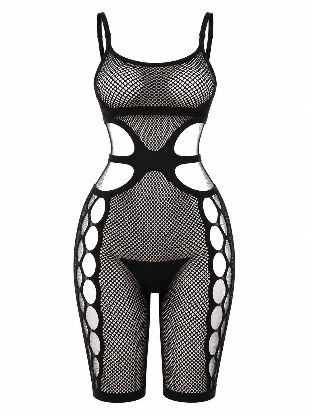 Vhisper Vears Cami Strap Fishnet Bodysuit – High-Waist X-Cutout Mid-Thigh Romper with Side Open Circle Panels