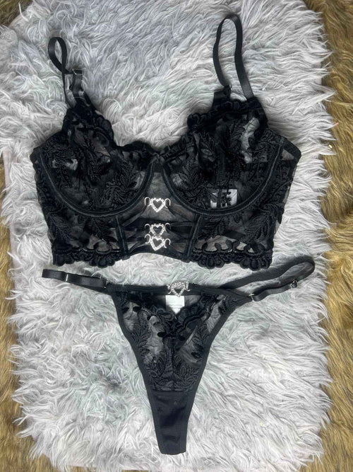 Black Lace Bra & Matching Thong Set for Women | Elegant Everyday & Bridal Lingerie
