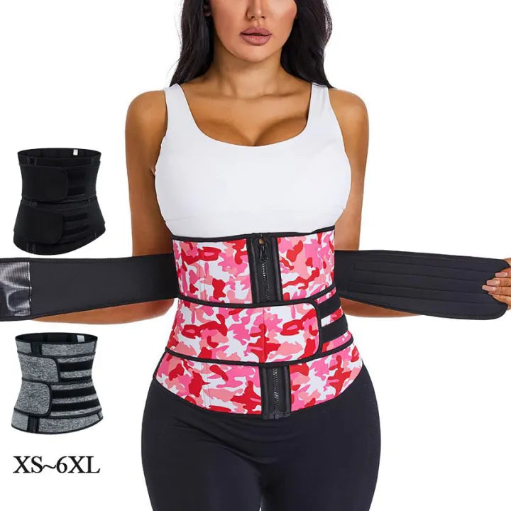 Vhisper Vears Dual-Strap Zipper Waist Trainer Corset – Pink Camo High-Compression Workout Sweat Belt
