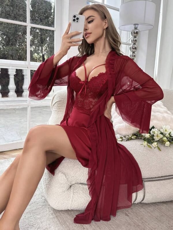 Burgundy Satin & Lace 2-Piece Nightwear Set+